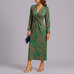 Sophie | Damen Herbst Hochzeitsgast Kleid Boho Blumen Twist Midi V-Ausschnitt in Grün
