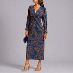 Sophie | Damen Herbst Hochzeitsgast Kleid Boho Blumen Twist Midi V-Ausschnitt in Blau