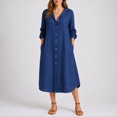 Charlotte | Damen Herbst Hochzeitskleid Langarm Hemdblusenkleid Midi Knopfleiste in Blau