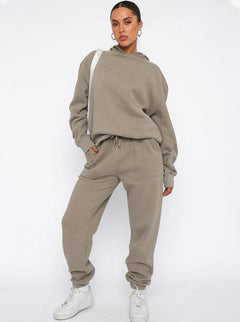 Damen Jogging-Set mit Hoodie Kapuze Kordelzug und gerader Hose in Khaki