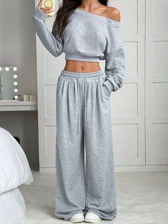 Damen Jogginganzug Set mit Schulterfreiem Oberteil und Weitem Hosenbein und Kordelzug in Grau