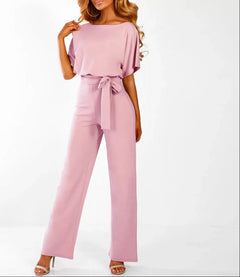 Damen Jumpsuit mit gerafften Ärmeln und Bindegürtel in Rosa