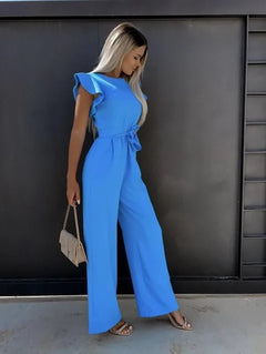 Damen Jumpsuit mit Rüschenärmeln und Bindegürtel in Dunkelblau