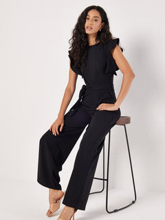 Damen Jumpsuit mit Rüschenärmeln und Bindegürtel in Schwarz