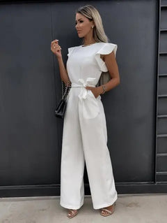 Damen Jumpsuit mit Rüschenärmeln und Bindegürtel in Weiß