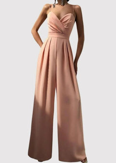 Damen Jumpsuit mit Wickeloberteil Spaghettiträgern Herzausschnitt und Weitem Hosenbein in Aprikose