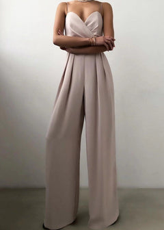 Damen Jumpsuit mit Wickeloberteil Spaghettiträgern Herzausschnitt und Weitem Hosenbein in Beige