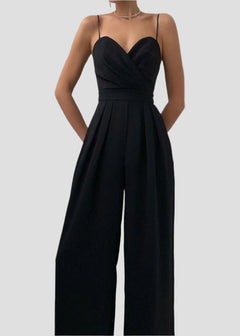 Damen Jumpsuit mit Wickeloberteil Spaghettiträgern Herzausschnitt und Weitem Hosenbein in Schwarz
