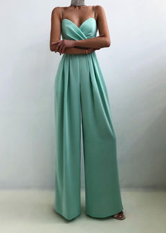 Damen Jumpsuit mit Wickeloberteil Spaghettiträgern Herzausschnitt und Weitem Hosenbein in Türkis