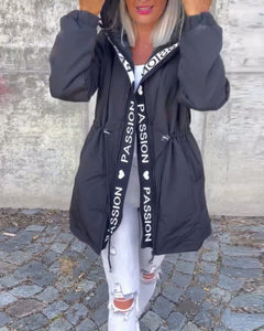 Johanna | Damen Kapuzenmantel Lässiger Women Coat mit Tunnelzug Mittellang in Schwarz
