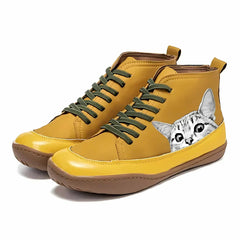 Nora | Damen Katzenmotiv Schnürsenkel Leder Ankle Boots in Gelb