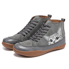 Nora | Damen Katzenmotiv Schnürsenkel Leder Ankle Boots in Grau