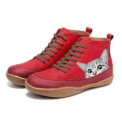 Nora | Damen Katzenmotiv Schnürsenkel Leder Ankle Boots in Rot