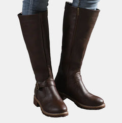 Nora | Damen Kniehohe Stiefel mit Schnalle und Reißverschluss in Dunkelbraun