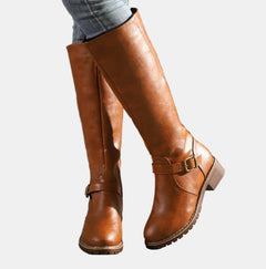 Nora | Damen Kniehohe Stiefel mit Schnalle und Reißverschluss in Braun