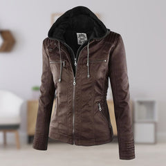 Annika | Damen Kunstleder Kapuzenjacke mit Reißverschluss Taillierter Women Coat in Braun
