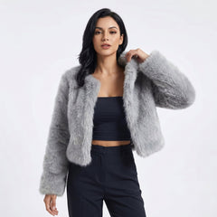 Lena | Damen Kurz Kunstpelz Cardigan Jacke in Grau