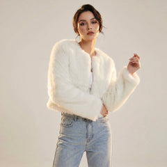 Lena | Damen Kurz Kunstpelz Cardigan Jacke in Weiß