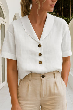 Marlene | Damen Kurzarm-Bluse mit Knopfleiste Reverskragen Relaxed Fit in Weiß