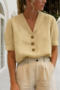 Marlene | Damen Kurzarm-Bluse mit Knopfleiste Reverskragen Relaxed Fit in Beige