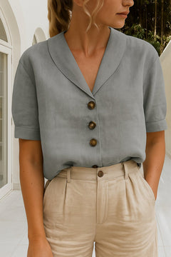 Marlene | Damen Kurzarm-Bluse mit Knopfleiste Reverskragen Relaxed Fit in Grau