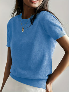 Nora | Damen Kurzarm Rundhals Knit Sweater Top Lockere Passform in Blau