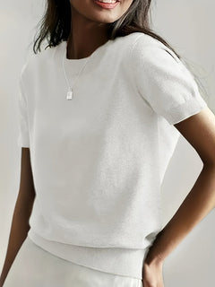 Nora | Damen Kurzarm Rundhals Knit Sweater Top Lockere Passform in Weiß