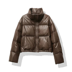 Damen Kurze Steppjacke mit Stehkragen Druckknopfleiste und Eingrifftaschen in Braun