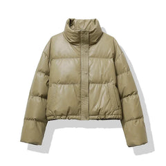 Damen Kurze Steppjacke mit Stehkragen Druckknopfleiste und Eingrifftaschen in Khaki