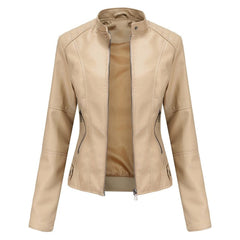 Katharina | Damen Kurze Taillierte Kunstleder Bikerjacke mit Reißverschluss in Beige