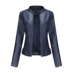 Katharina | Damen Kurze Taillierte Kunstleder Bikerjacke mit Reißverschluss in Blau