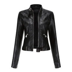 Hannah | Damen Kurzgeschnittene Biker Kunstleder Jacke mit Reißverschluss in Schwarz