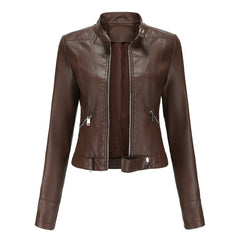 Hannah | Damen Kurzgeschnittene Biker Kunstleder Jacke mit Reißverschluss in Braun