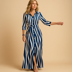 Damen Langarm Hemdkleid | Maxi in Blau gestreift