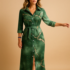 Damen Langarm Hemdkleid | Maxi in Grün