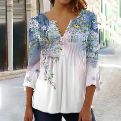 Charlotte | Damen Langarm Bluse Geblümtes Henley-Shirt Relaxed Fit in Weiß-Blau