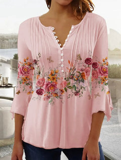 Charlotte | Damen Langarm Bluse Geblümtes Henley-Shirt Relaxed Fit in Rosa