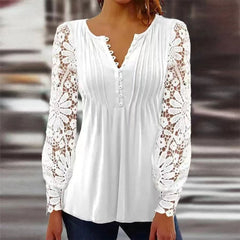 Charlotte | Damen Langarm Bluse Geblümtes Henley-Shirt Relaxed Fit in Weiß