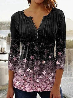 Charlotte | Damen Langarm Bluse Geblümtes Henley-Shirt Relaxed Fit in Schwarz