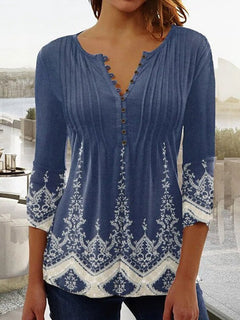 Charlotte | Damen Langarm Bluse Geblümtes Henley-Shirt Relaxed Fit in Blau