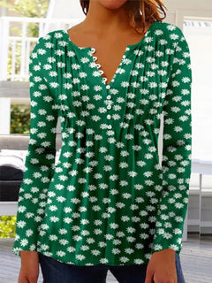 Charlotte | Damen Langarm Bluse Geblümtes Henley-Shirt Relaxed Fit in Dunkelgrün