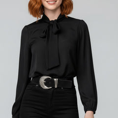 Sophie | Damen Langarm-Bluse Schleifenkragen Relaxed-Fit Büro in Tiefschwarz