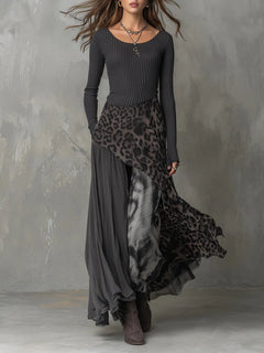 Amelie | Damen Langarm Maxi-Kleid Rippstrick Leopardenmuster Unregelmäßiger Saum in Grau