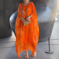 Sophie | Damen Langarm Maxikleid Fließendes Rundhals Abendkleid in Orange