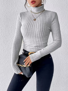Damen Langarm Rollkragenpullover mit vertikalem Rippmuster in Silbergrau