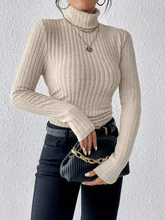 Damen Langarm Rollkragenpullover mit vertikalem Rippmuster in Weiß