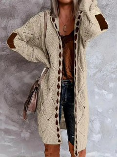 Damen Lange Offene Strickjacke mit Kapuze Rautenmuster Ellenbogen-Patches und Lochmuster in Khaki