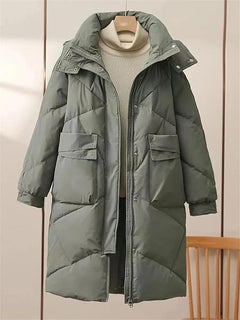 Damen Lange Steppjacke mit Stehkragen Verdecktem Reißverschluss Pattentaschen und Langen Ärmeln in Grau