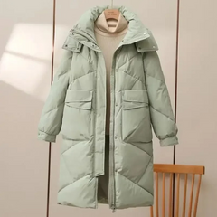 Damen Lange Steppjacke mit Stehkragen Verdecktem Reißverschluss Pattentaschen und Langen Ärmeln in Hellgrün