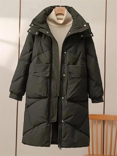 Damen Lange Steppjacke mit Stehkragen Verdecktem Reißverschluss Pattentaschen und Langen Ärmeln in Schwarz